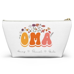 Custom Oma Accessory Pouch w T-bottom Travel Bag - Makeup Bag - Personalized Floral Retro Zippered Tote Bag With Kids Names Gift