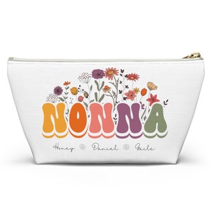 Borsa per accessori Nonna personalizzata con borsa da viaggio con fondo a T - Borsa per il trucco - Borsa tote con cerniera retrò floreale personalizzata con nomi per bambini regalo