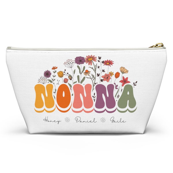 Custom Nonna Accessory Pouch w T-bottom Travel Bag - Makeup Bag - Personalized Floral Retro Zippered Tote Bag With Kids Names Gift