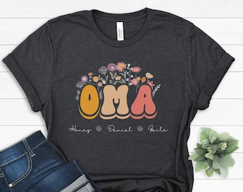 Kundenspezifisches Oma Blumenhemd, personalisiertes Muttertags-T-Shirt, Oma mit Enkelnamen-Bekleidung, Oma von Kindergeschenk, gesegnetes Oma-T-Stück