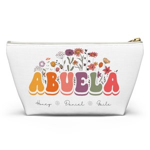 Custom Abuela Accessory Pouch w T-bottom Travel Bag - Makeup Bag - Personalized Floral Retro Zippered Tote Bag With Kids Names Gift