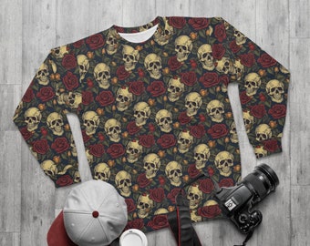 Skull Unisex Sweatshirt Bloom Skull Shirt, Halloween All-Over-Print Floral Skull Boho Graphic Sweater, Flower Skull Skeleton Sweatshirt
