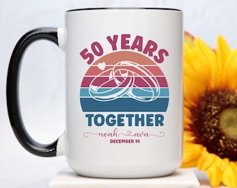 50th Golden Anniversary Mug for Couple, Personalized Coffee Cup With Names, Married Parents / Grandparents Retro Rainbow Wedding Rings Gift