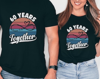 60. rocznica ślubu unisex retro koszulka, żonaty od 60 lat t-shirt, prezent ze znakiem nieskończoności dla męża i żony dla niej, para t-shirt