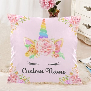 Travesseiro de unicórnio personalizado, presente de amante de almofada de unicórnio, arte de travesseiro de flores bonitas, travesseiro de sofá rosa, decoração de quarto de unicórnio