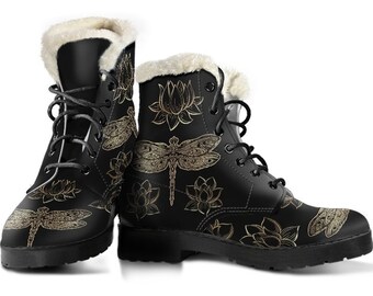 Dragonflies & Lotus Flowers Men And Women Faux Fur Boots, Dragonflies And Lotus Booties, Dragonfly Lover Gift, Miraculous Dragonfly Shoes