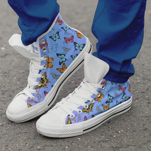 Colorful Butterfly Shoes Art, Footwear Butterflies, Women&#39;s Shoes, White Black High Low Top Shoes, Graphic Design Shoes, Custom Hightops
