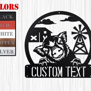 May include: Black metal silhouette of a pig peeking over a sign that says "CUSTOM TEXT". The pig is in front of a barn and a windmill.