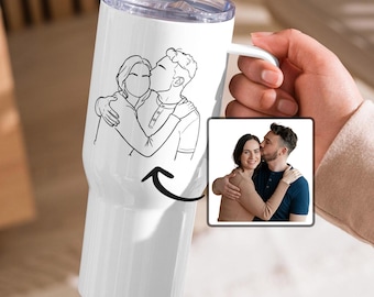 Gobelet contour de couple personnalisé avec anse, tasse de voyage personnalisée pour anniversaire de mariage, art au trait verres amoureux fiancés à partir d'une photo pour elle