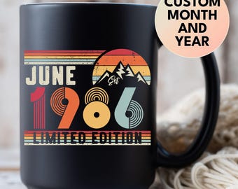 40th Birthday Retro Black Coffee Mug, Born In 1986 Customized Birthday Gift, 40 Years Party Gift for Her And Him, Forties 40s Bday Tea Cup