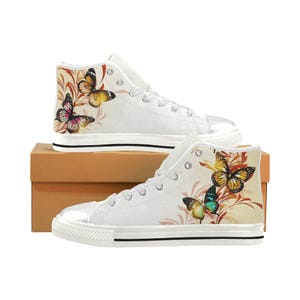 Customised Hightops, Butterfly Shoes Art, Footwear Butterflies, White Canvas Shoes, Hightop, Kids And Women&#39;s Shoes, Graphic Design Shoes