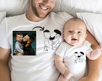 Personalized Dad & Child Photo Portrait Matching Shirt, Father's Day Shirt, Daddy With Baby Son Daughter Tee, Custom Dad Birthday Gift Idea