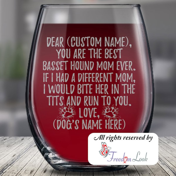 Personalized Basset Hound Dog Mom Wine Glass, Custom Mom Women Gifts, Hush Puppy Dog Mommy Wine Glass, Basset Dog Owner Present Gift