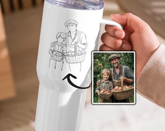 Mug de voyage fermier et enfants personnalisé, dessin au trait photo personnalisé à partir d'une photo, grand gobelet isotherme pour papa, cadeau souvenir de famille à la ferme