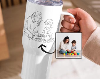 Mug de voyage personnalisé baby-sitter et enfant avec anse, portrait personnalisé à partir d'une photo, gobelet de remerciement pour nounou pour personne qui s'occupe d'un enfant