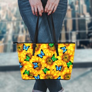 Farfalla libro PU Borsa Shopping in pelle Tote, farfalle mercato borsa, farfalla graziosa arte stampa Tote Bags, girasoli concerto Tote