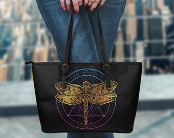 Libellula libro Shopping PU Leather Tote Bag, borsa mercato libellula, libellula graziosa belle arti stampa Tote Bags, libellula concerto Tote Bag