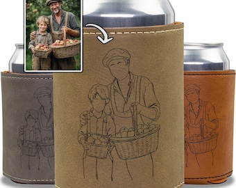 Refroidisseur de canette personnalisé papa et fils, pochette pour boisson avec photo gravée, dessin au trait personnalisé père et enfant, refroidisseur de porte-boisson mari