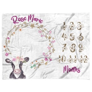 Cow Personalized Kids Blanket, Baby Shower, Baby Toddler Kids Blanket with Name Sunflower Cow Repeat Pattern Blanket Gift for Girls and Boys