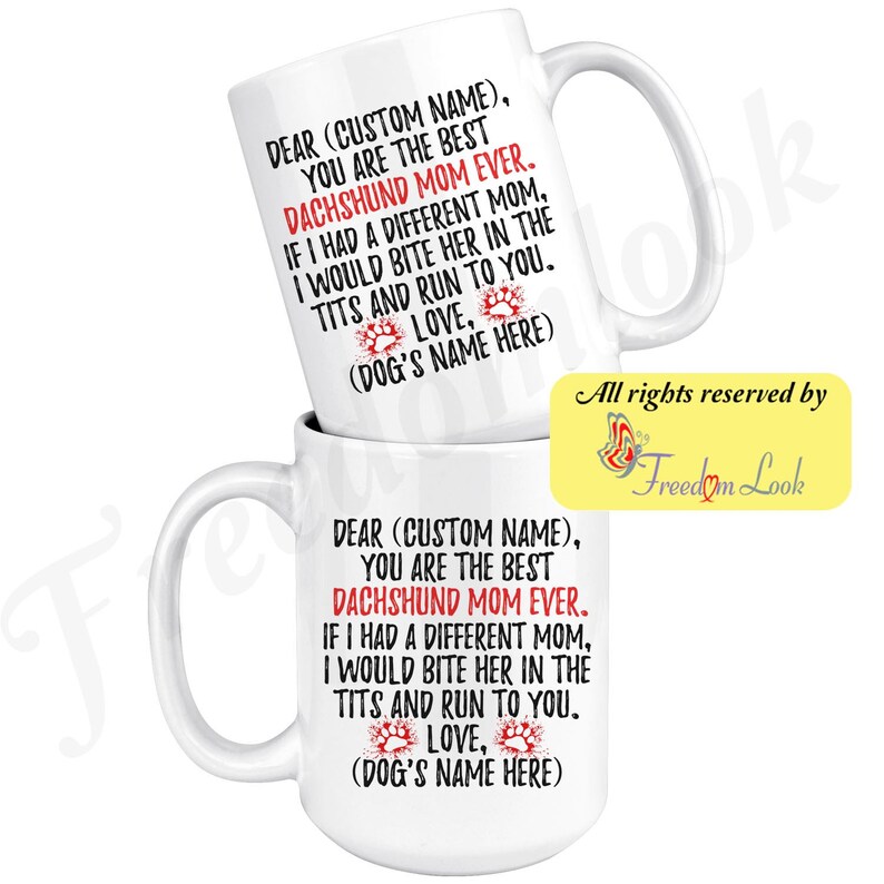 Gepersonaliseerde teckel moeder geschenken, Doxie eigenaar mok, teckel hond geschenken voor vrouwen, daschund hond mok, Dotson mom present gift, Weenie hond mam White / 15 oz