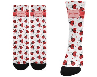 Personalized Cozy Ladybug Patterned Socks, Cute Women And Girls Ladybird Socks, Lady Bug Lover Gift Decor, Cool Custom Novelty Ladybug Socks