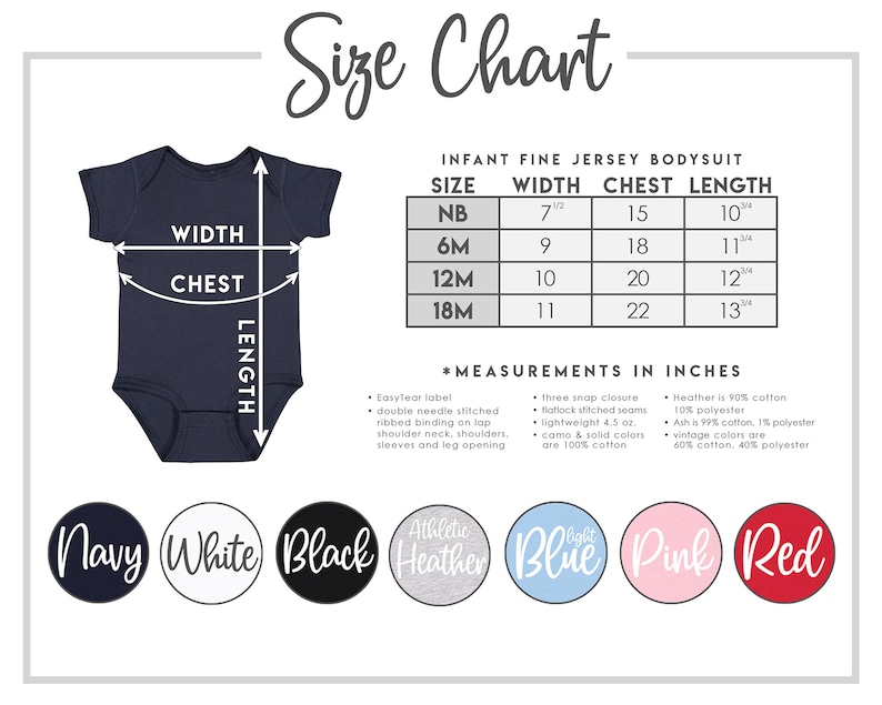 May include: Size chart for infant fine jersey bodysuits in sizes NB, 6M, 12M, and 18M. The chart shows width, chest, and length measurements in inches. The bodysuit is shown in navy blue. Colour options include navy, white, black, athletic heather, light blue, pink, and red.