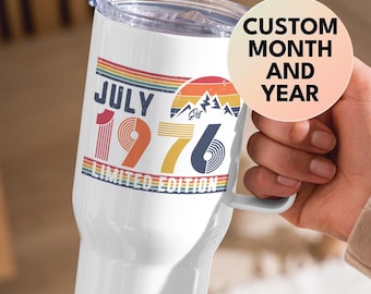 50th Birthday Retro Coffee Travel Mug, Born In 1976 Customized Drinkware Gift, 50 Years Bday Party Gift, Fifties 50s Bday Tumbler