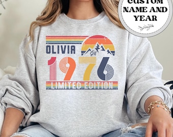 Sudadera retro con nombre personalizado y número de año 1976, sudadera para 50 cumpleaños, sudadera con capucha para 50 años, camiseta unisex de cumpleaños de los años 50