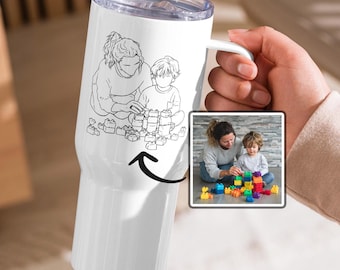 Mug de voyage nounou avec enfant avec anse, dessin au trait personnalisé à partir d'une photo, cadeau de remerciement personnalisé pour baby-sitter, tasse souvenir des enfants