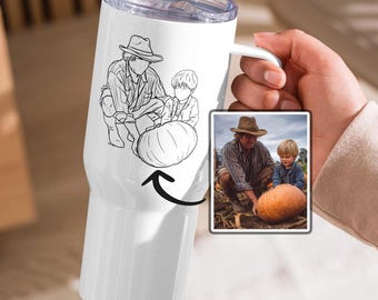 Souvenir d'une tasse de voyage paysan avec enfant, dessin au trait personnalisé à partir d'un gobelet à café photo, cadeau personnalisé pour le père de la ferme d'un fils ou d'une fille