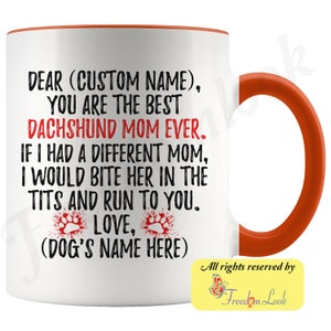 Gepersonaliseerde teckel moeder geschenken, Doxie eigenaar mok, teckel hond geschenken voor vrouwen, daschund hond mok, Dotson mom present gift, Weenie hond mam Orange & White