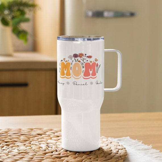 Personalized Floral Mom Retro Travel Mug With Custom Kids Names