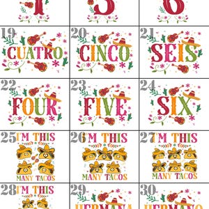 May include: A set of 12 printable images featuring a fiesta theme. The images include numbers 4 through 6, the Spanish words for four, five, and six, and the English words for four, five, and six. The images also include the phrase "I'm this many tacos" and the Spanish words for sister and brother.