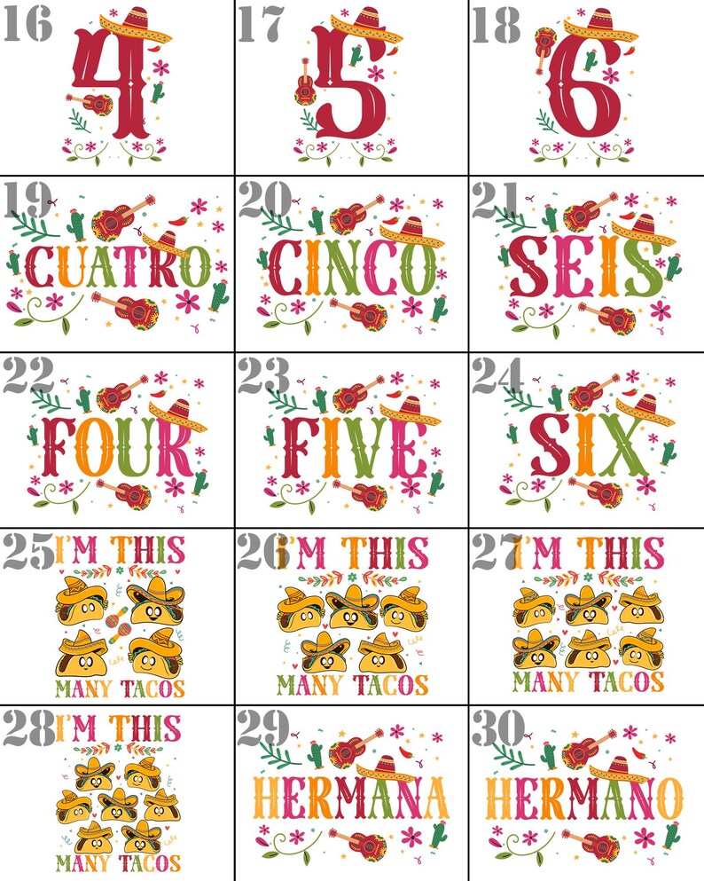 May include: A set of 12 printable images featuring a fiesta theme. The images include numbers 4 through 6, the Spanish words for four, five, and six, and the English words for four, five, and six. The images also include the phrase "I'm this many tacos" and the Spanish words for sister and brother.