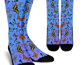 Cozy Butterfly Patterned Crew Socks, Cute Women And Girls Butterfly Socks, Butterflies Lover Gift Decor, Cool Custom Novelty Butterfly Socks