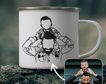 Dad and Son Photo Outline Custom 12oz Travel Camping Mug, Personalized Father Drawing Photo Gift from Child, Daughter To Dad Line art Cup