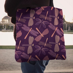 Dragonfly Book Shopping Tote Bag, Dragonflies Market Bag, Purple Dragonfly Pretty Fine Art Print Tote Bags, Dragonfly Lover Bag