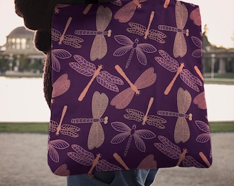 Libellula libro Shopping Tote Bag, borsa mercato libellule, Libellula viola bella arte stampa Tote borse, libellula amante borsa