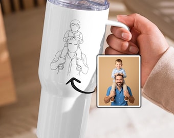Mug de voyage personnalisé père et enfants, portrait dessin au trait personnalisé à partir d'une photo, cadeau souvenir fils ou fille pour papa, gobelet isotherme 40 oz