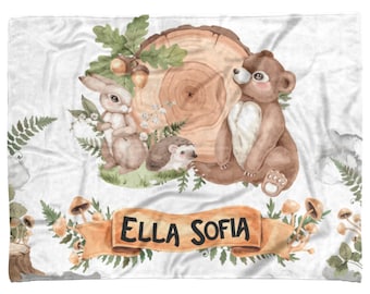 Coperta per neonati a tema bosco, coperta personalizzata per neonata, coperta per neonati a tema animali selvatici, coperta per neonati, coperta per bambine a tema bosco, coperta con animali