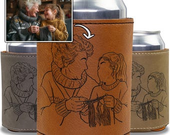 Refroidisseur de canette contour grand-mère et petit-enfant personnalisé, pochette pour boisson personnalisée grand-mère et enfant, porte-boisson dessin au trait photo, cadeau souvenir de famille