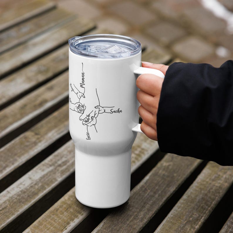 Maman - Mug de Voyage Isotherme Personnalisé avec Prénoms des Enfants, Gobelet Inox Mains Parent-Enfant Line Art Cadeau Unique de la Famille image 7