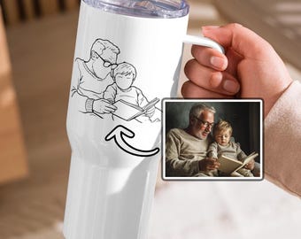 Gobelet contour grand-père et petit-enfant personnalisé avec anse Mug de voyage grand-parents photo grand-père et enfant dessin au trait verres personnalisés