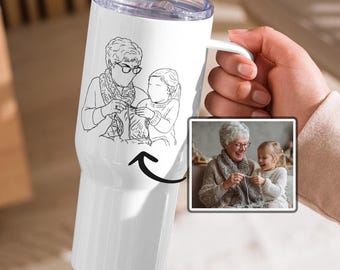 Gobelet contour grand-mère et petit-enfant personnalisé avec anse, mug de voyage personnalisé grand-mère et enfant avec dessin au trait, cadeau de la petite-fille