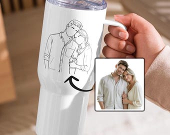 Gobelet personnalisé contour de couple avec poignée, tasse de voyage pour anniversaire de mariage, dessin au trait personnalisé amoureux de fiançailles à partir de cadeaux de mariage photo