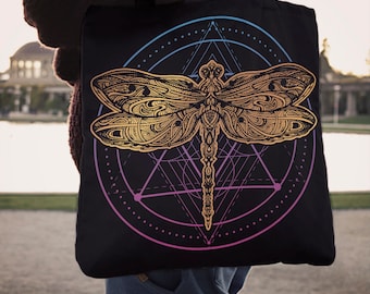 Dragonfly Book Shopping Tote Bag, Dragonflies Market Bag, Black Dragonfly Pretty Fine Art Print Tote Bags, Dragonfly Lover Bag