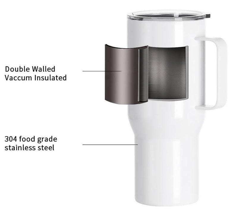 May include: White insulated tumbler with a handle and a lid. The image shows a cross-section revealing double-walled, vacuum-insulated construction. The text indicates the tumbler is made of 304 food-grade stainless steel.