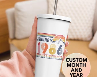 Vaso térmico retro con pajita para 40 cumpleaños, taza de viaje personalizada de 1986, regalo para 40 años, regalo de cumpleaños de los 40