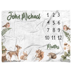 Personalized Woodland Animals Baby Blanket, Name Blanket for Baby Boy, Woodland Nursery Blanket, Woodland Calendar Blanket, Animal Lover