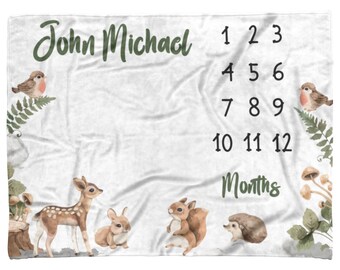 Manta personalizada para bebés de animales del bosque, manta de nombre para bebé, manta de guardería de bosques, manta de calendario de bosques, amante de los animales